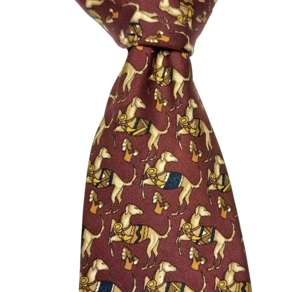 Salvatore Ferragamo Dark Red Neck Tie Hunting Greyhound Dog. 100 Silk - Picture 1 of 6
